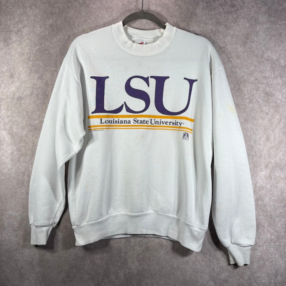 Vintage Jerzees Sweatshirt Mens M White LSU Louisiana State University Pullover - Picture 1 of 10